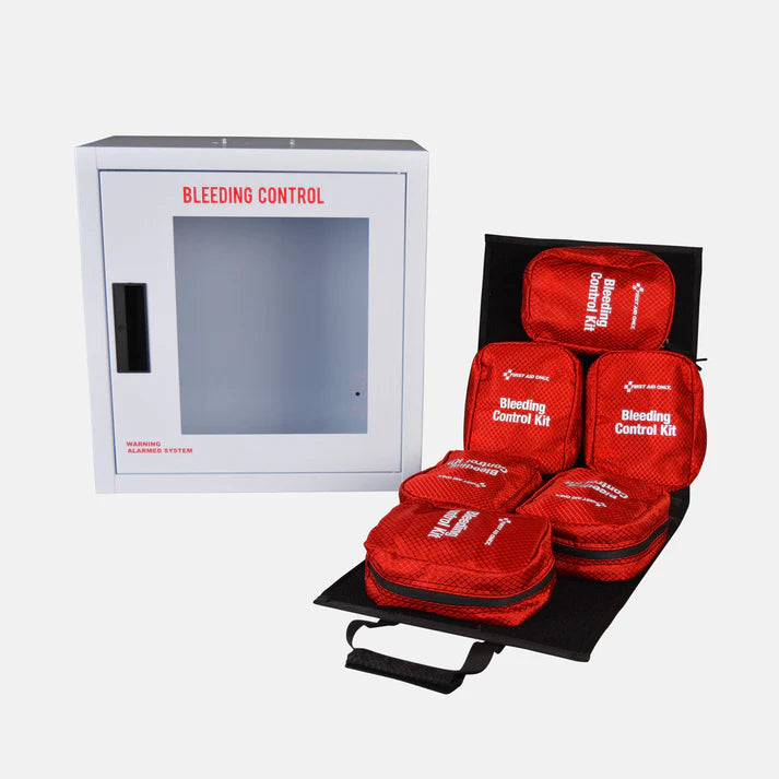 First Aid Only Bleeding Control Cabinet with Multiple Victim Tote for California Regulation AB2260, with Alarm